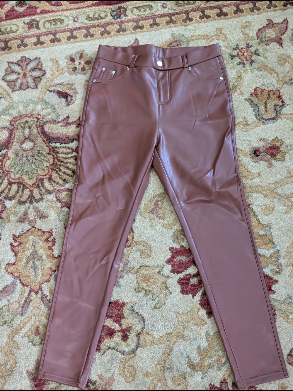 High-Rise Faux Leather Skinny Jeans in Chestnut Brown